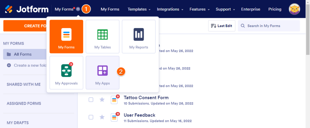 jotform my forms features menu